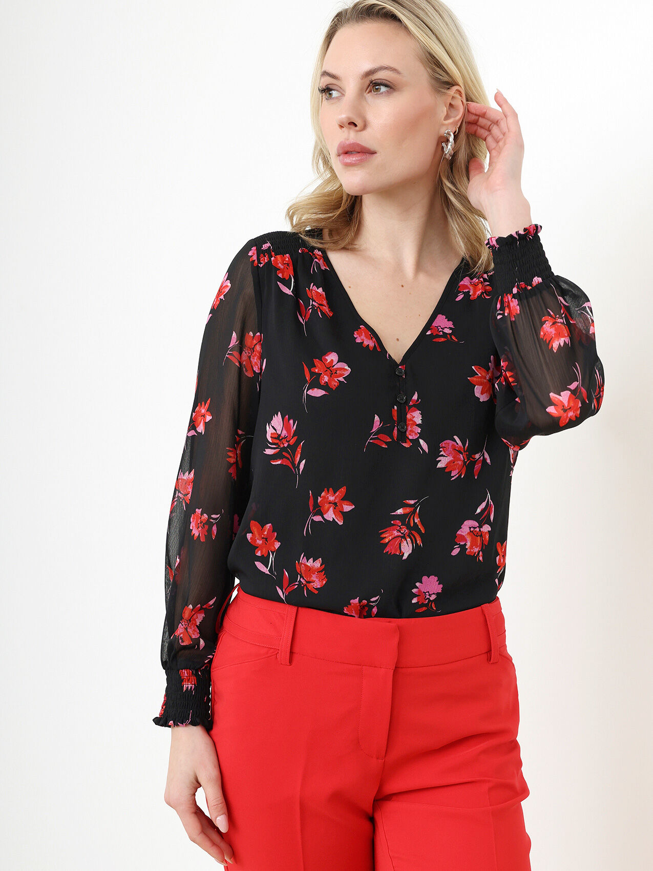 Petite Long Sleeve V-Neck Chiffon Blouse