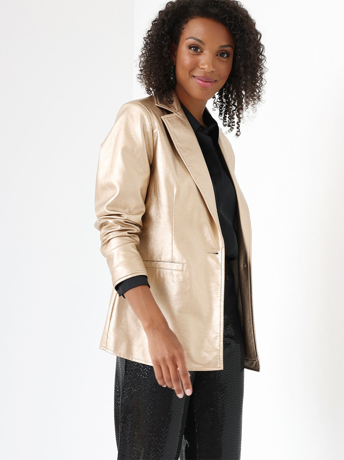 Petite Vegan Leather Metallic Blazer