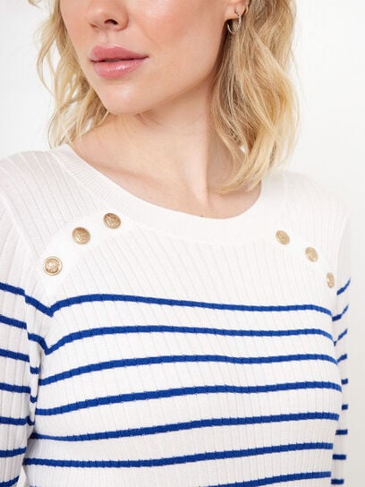 Petite Long Sleeve Striped Pullover Sweater with Button Detail