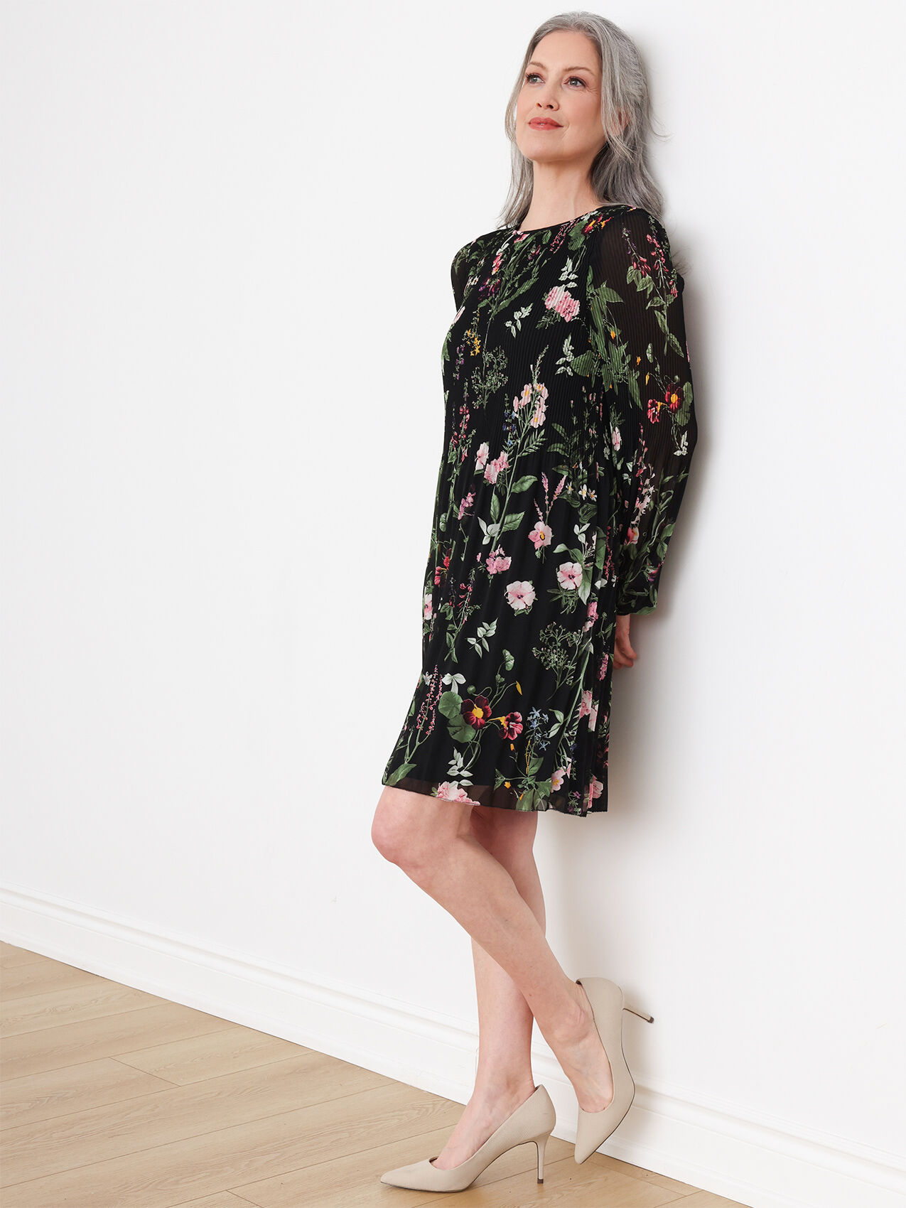 Plisse Floral A-Line Dress