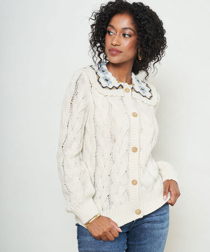 Fair Isle Collared Cable Knit Cardigan Image 4