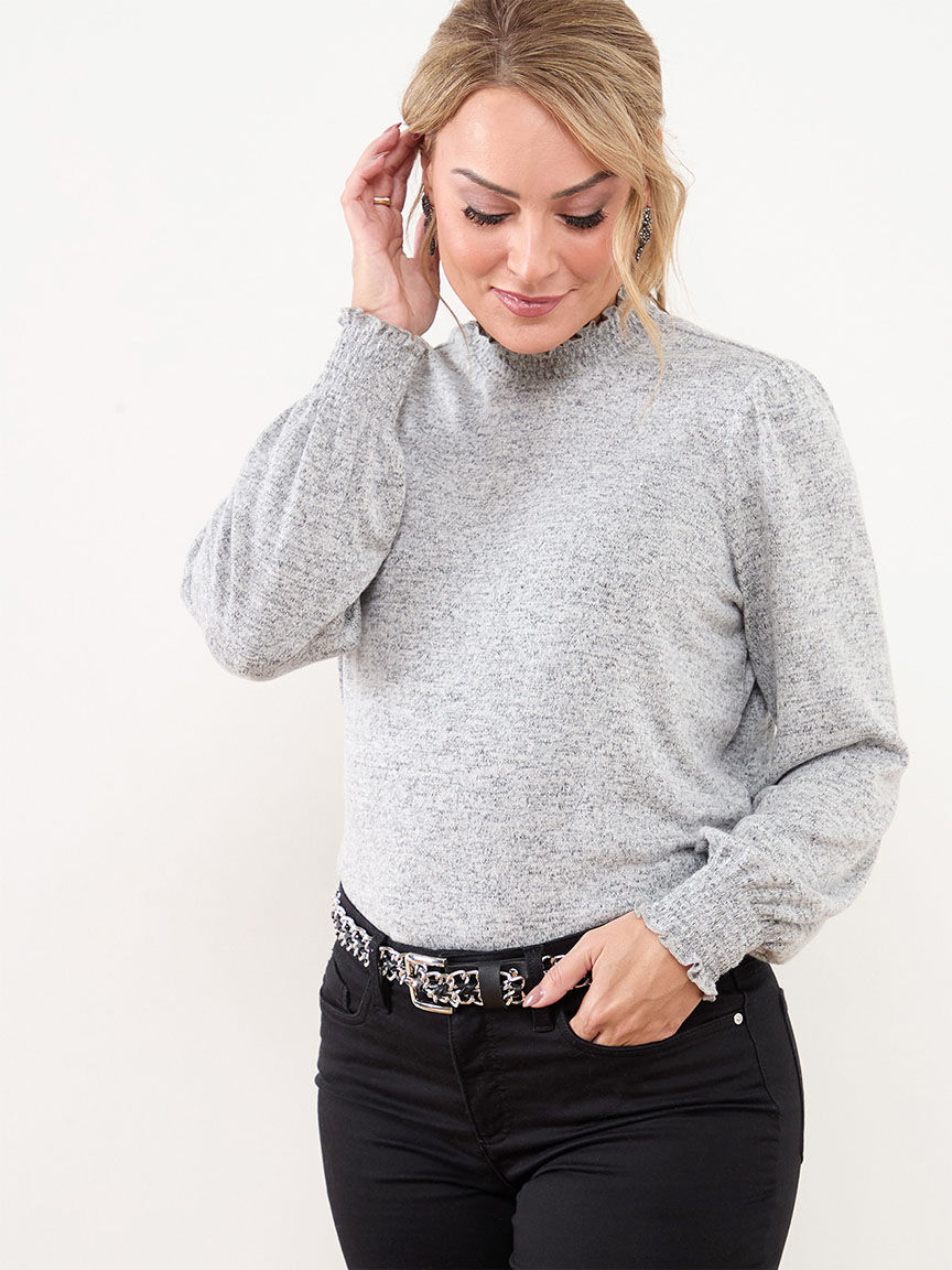 Petite smocked mock neck top Cleo Grey Mix XS