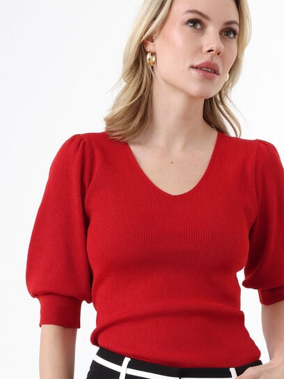 V-Neck Knit Pull-Over with Elbow Sleeves