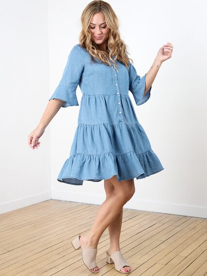 Petite Chambray Flutter Sleeve Tiered Dress Image 1