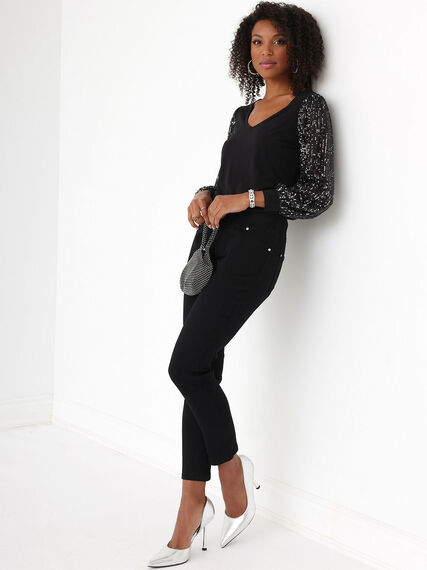 Petite Sequined Long-Sleeve V-Neck Top Image 1
