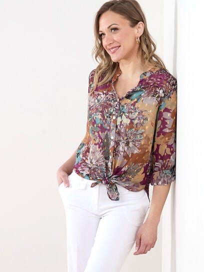 Long Sleeve Chiffon Blouse with Gold Foil Detail