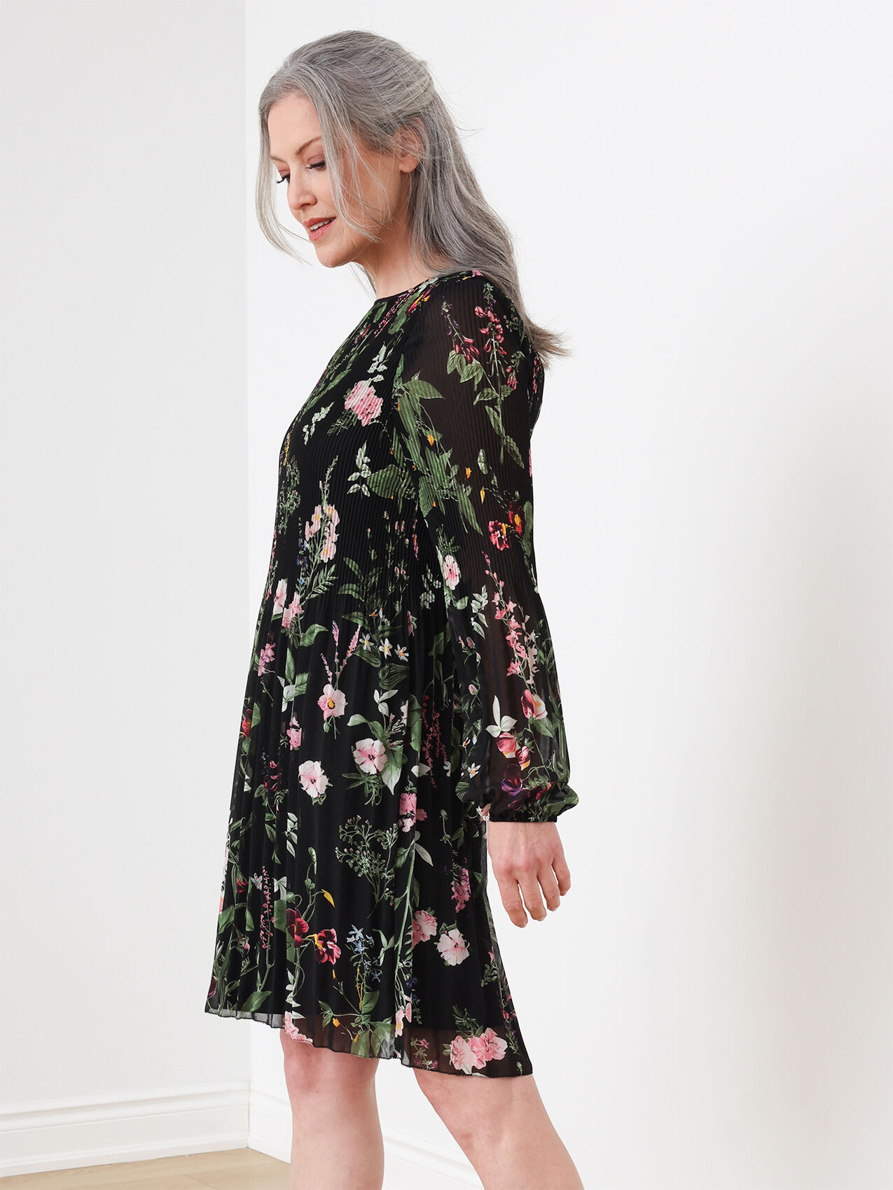 Plisse Floral A-Line Dress