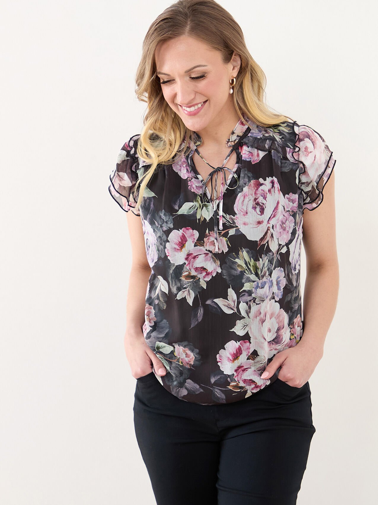 Short Sleeve Double Ruffle V-Neck Chiffon Blouse