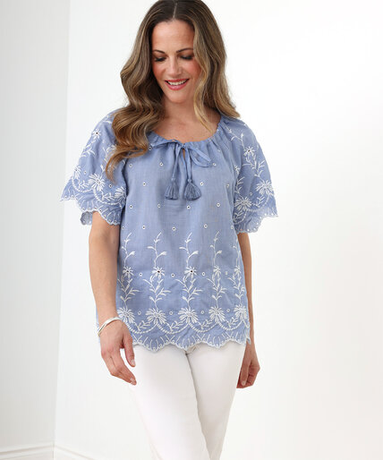 Embroidered Short Sleeve Tie Front Blouse Image 1