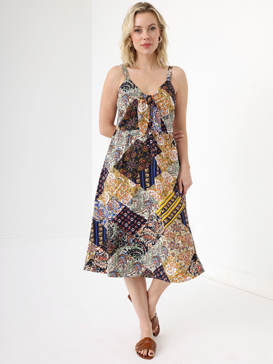 Petite Viscose Scarf Print Knot-Front Midi Dress