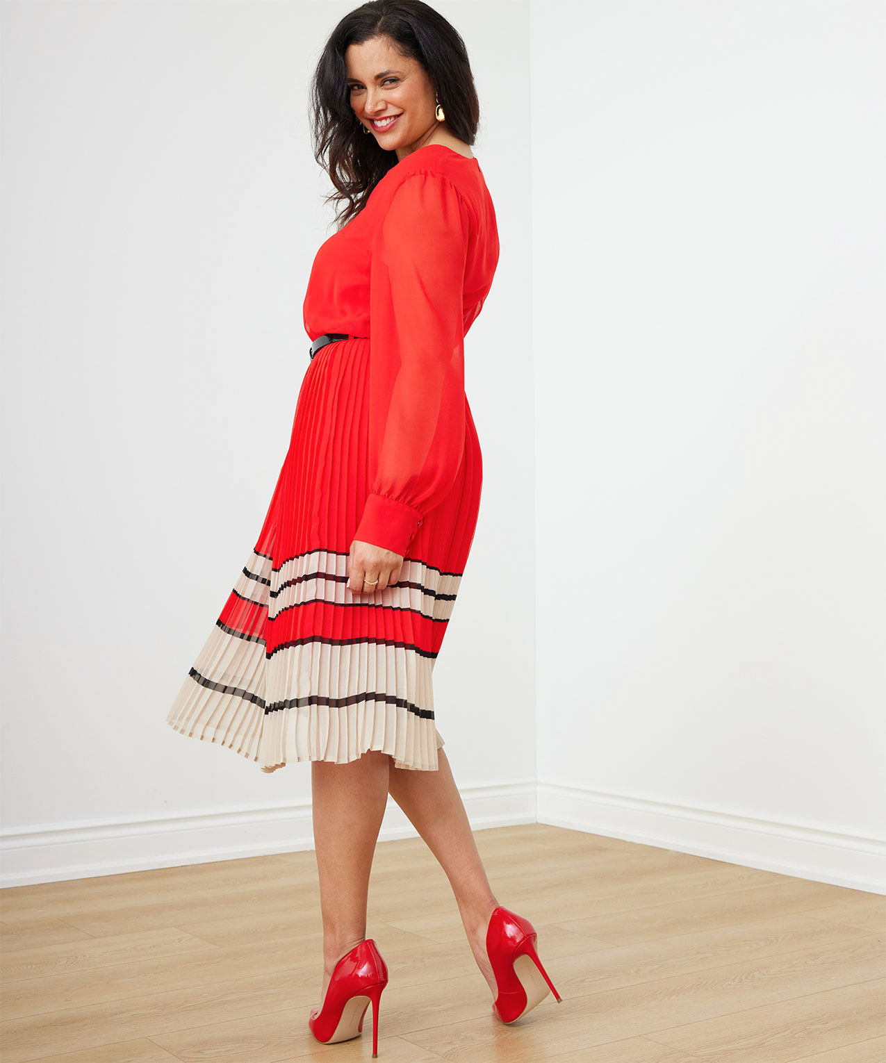 Pleated Long Sleeve Red Dress Cleo 4000007721