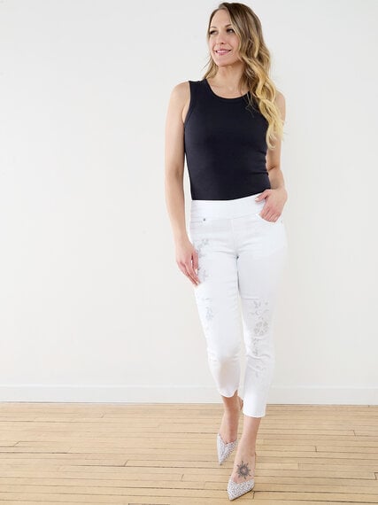 White Crop Jeans with Silver Floral Detail  Image 3