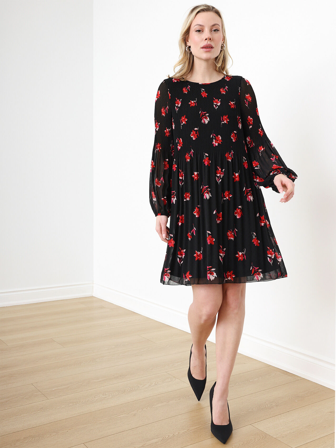 Plisse Floral A-Line Dress