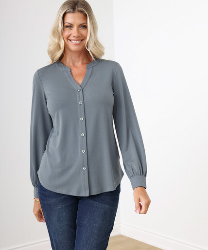 Crepe V-Neck Mid-Length Button Front Top Image 1