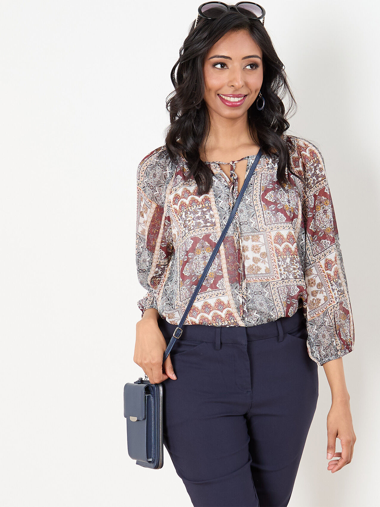 Petite 3 4 Sleeve Relaxed Chiffon Peasant Blouse Cleo 4000010304