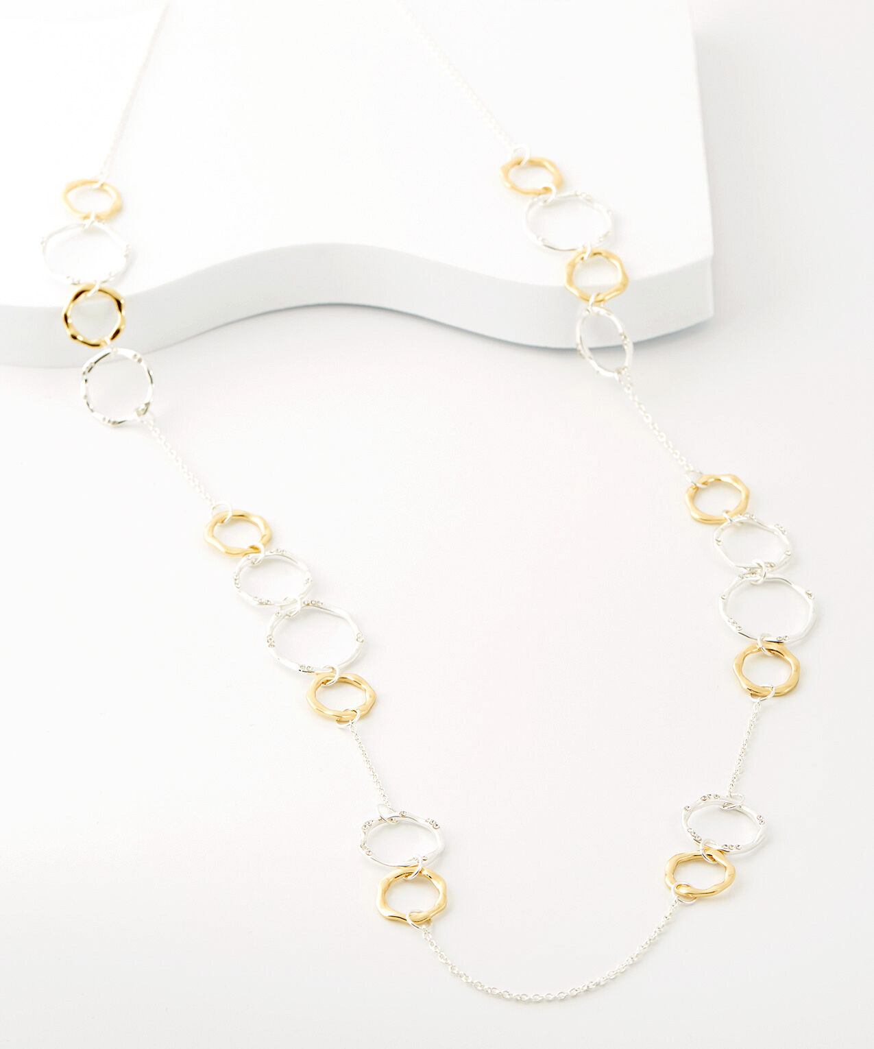 Long Silver and Gold Multi-Ring Necklace