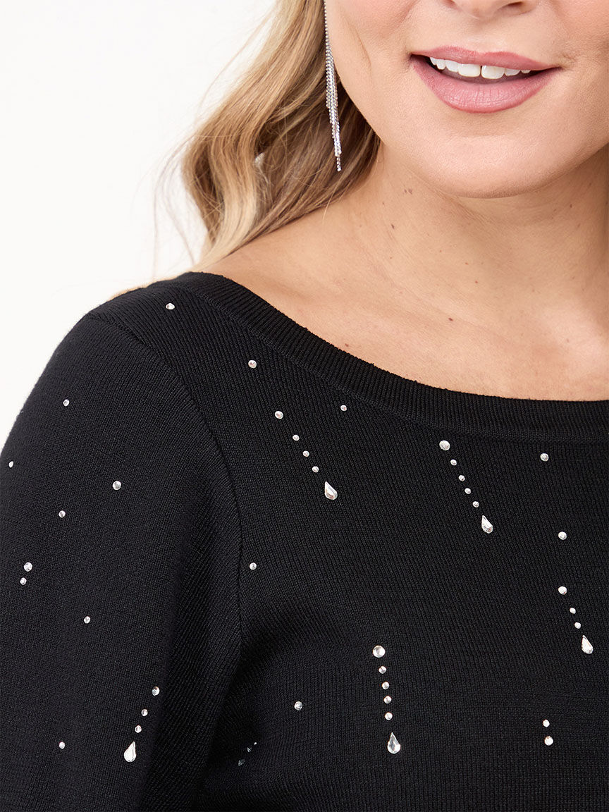 Petite 3 4 Sleeve Rhinestone Sweater Cleo 4000011086