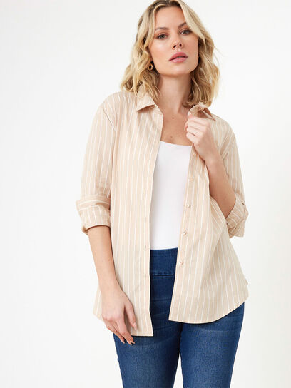 Petite Long Sleeve Collared Cotton Relaxed Fit Shirt