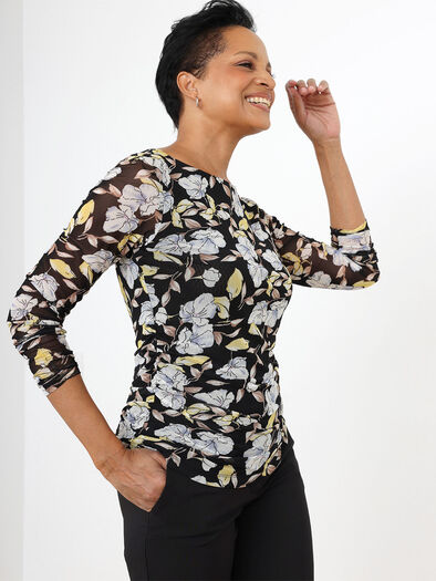 Long Sleeve Stretch Mesh Top with Side Ruching, Black/Lemon Floral
