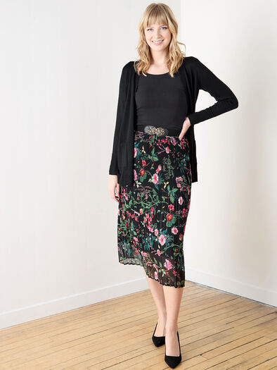 Pleated Floral Pull-On Midi Skirt, Black/Floral Print Pleated Floral Pull-On Midi Skirt, Black/Floral Print