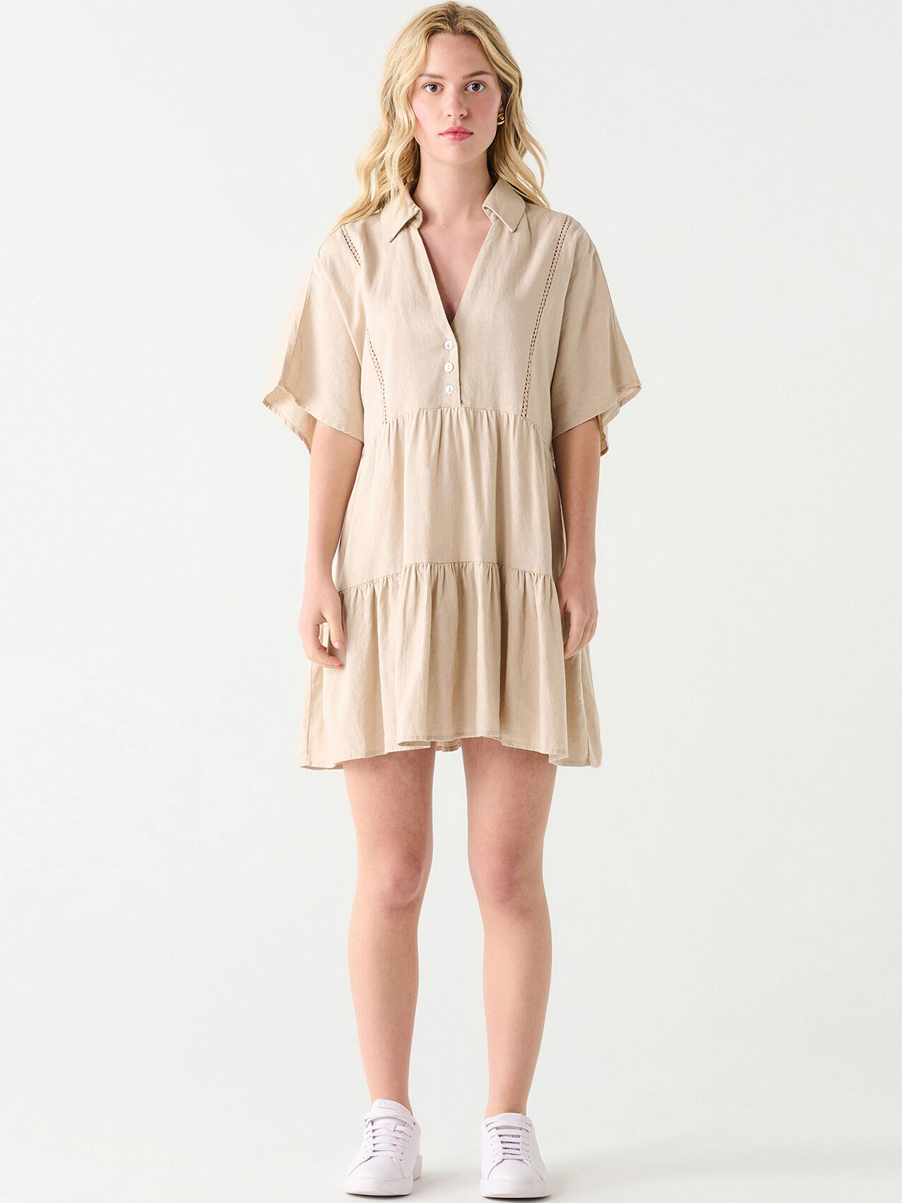 Linen Blend Mini Dress with Lace Trim