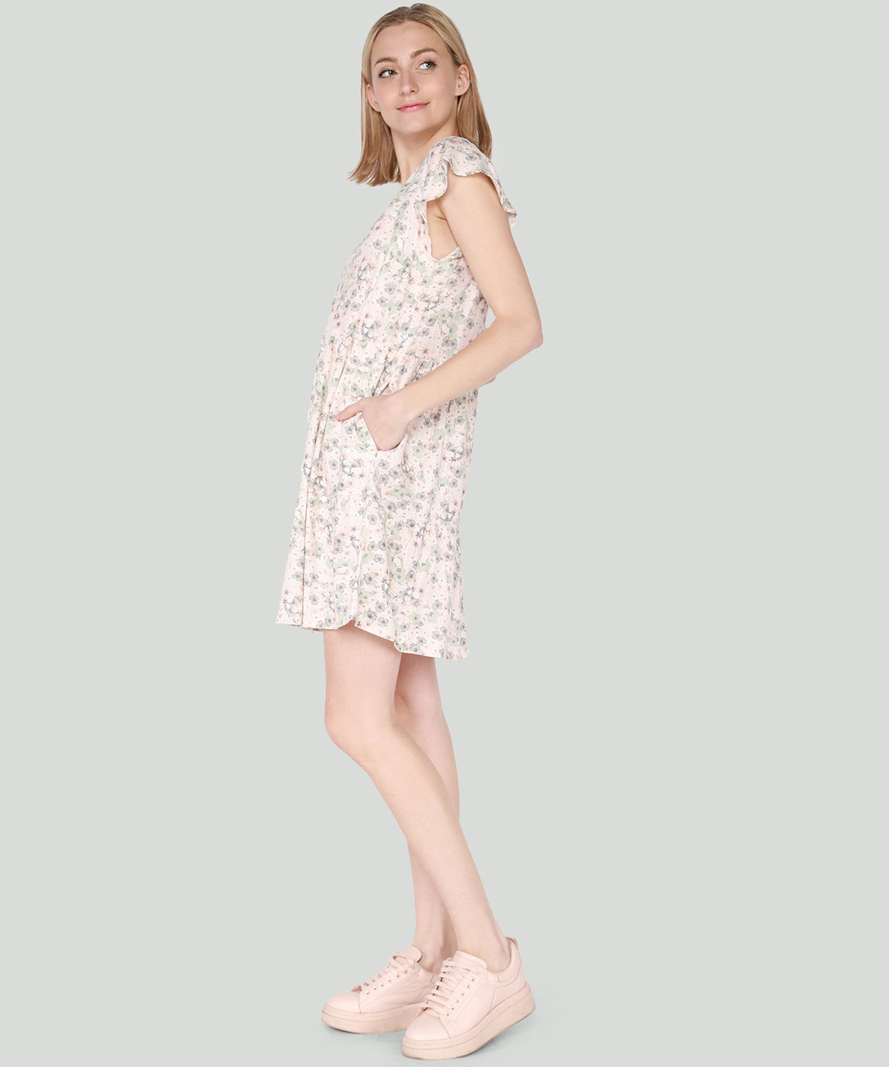 Dex Flutter Sleeve Linen Babydoll Mini Dress