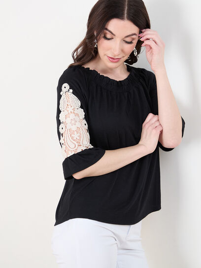 3/4 Sleeve On/Off Shoulder Top with Crochet Insert