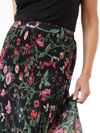 Pleated Floral Pull-On Midi Skirt
