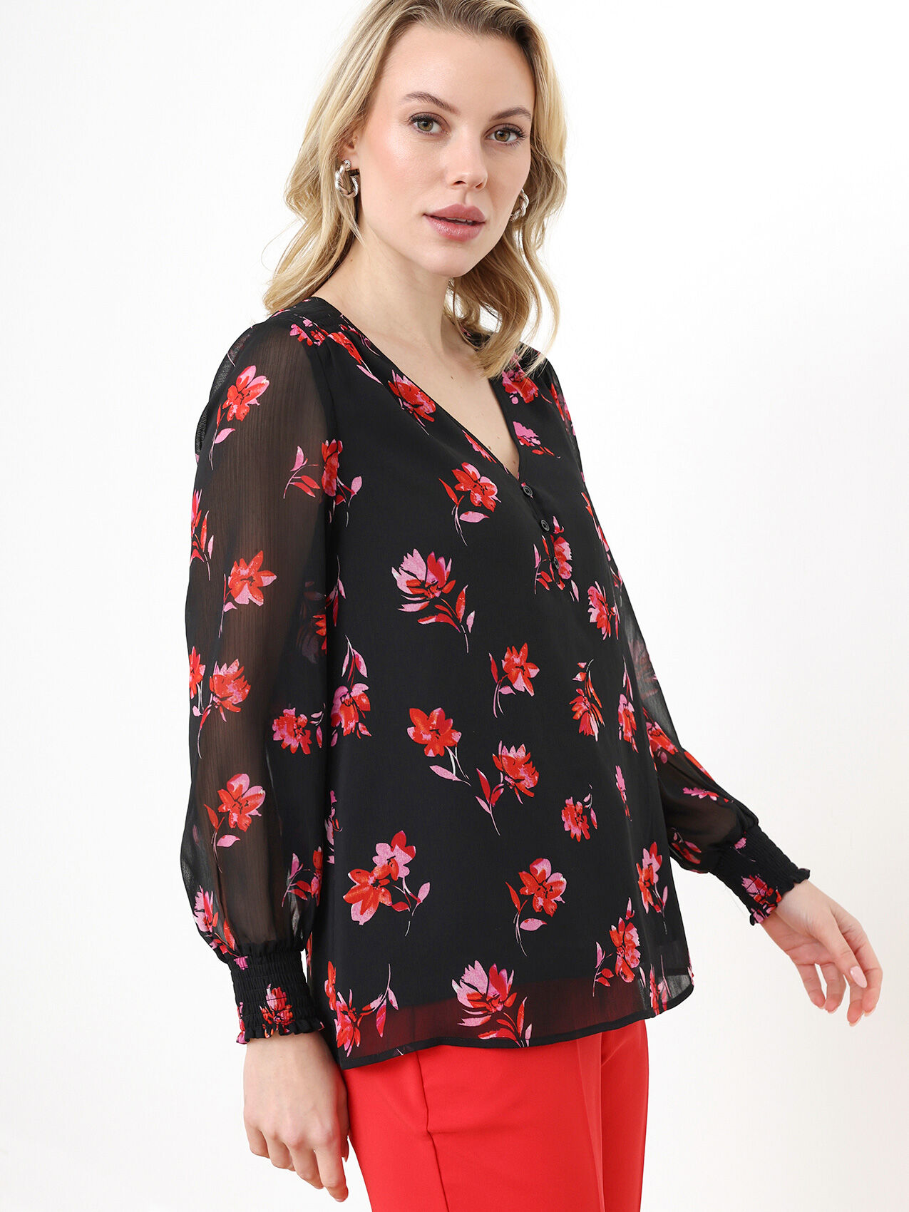 Petite Long Sleeve V-Neck Chiffon Blouse