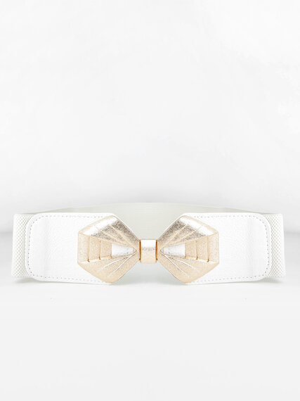 White Stretch Belt with Gold Bow  Image 1