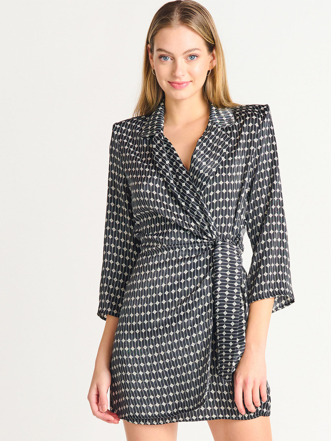 Black Tape Ruched Satin Wrap Dress Cleo 4000009057