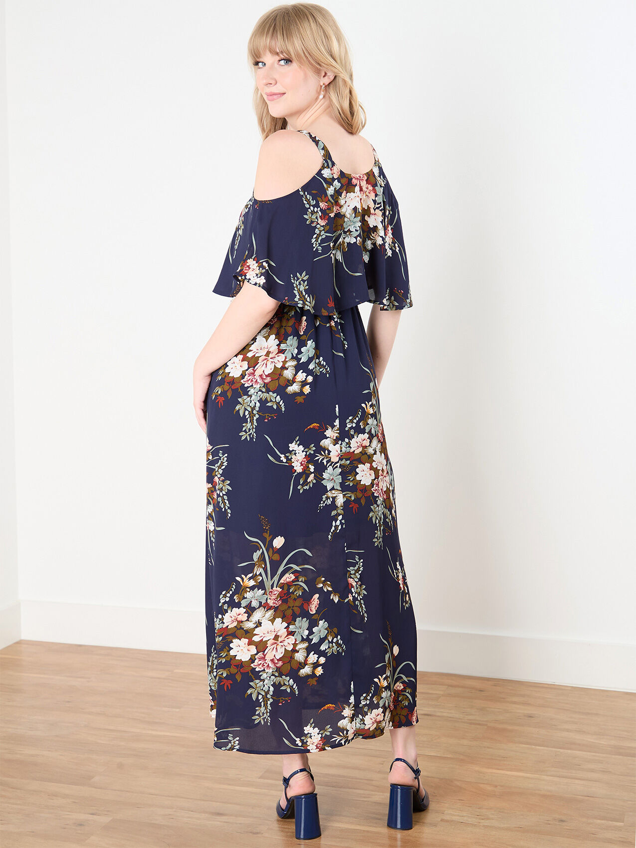 Crepe de chine cold shoulder maxi dress Cleo Navy Floral S