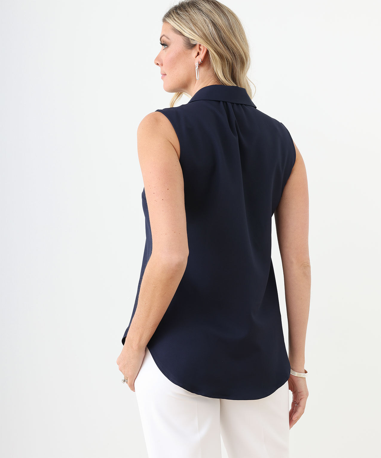 Sleeveless Collared Button Front Blouse Navy