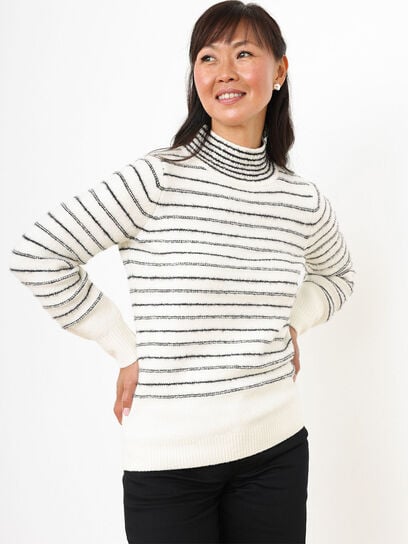 Petite Fuzzy Stripe Mock Neck Pullover Sweater