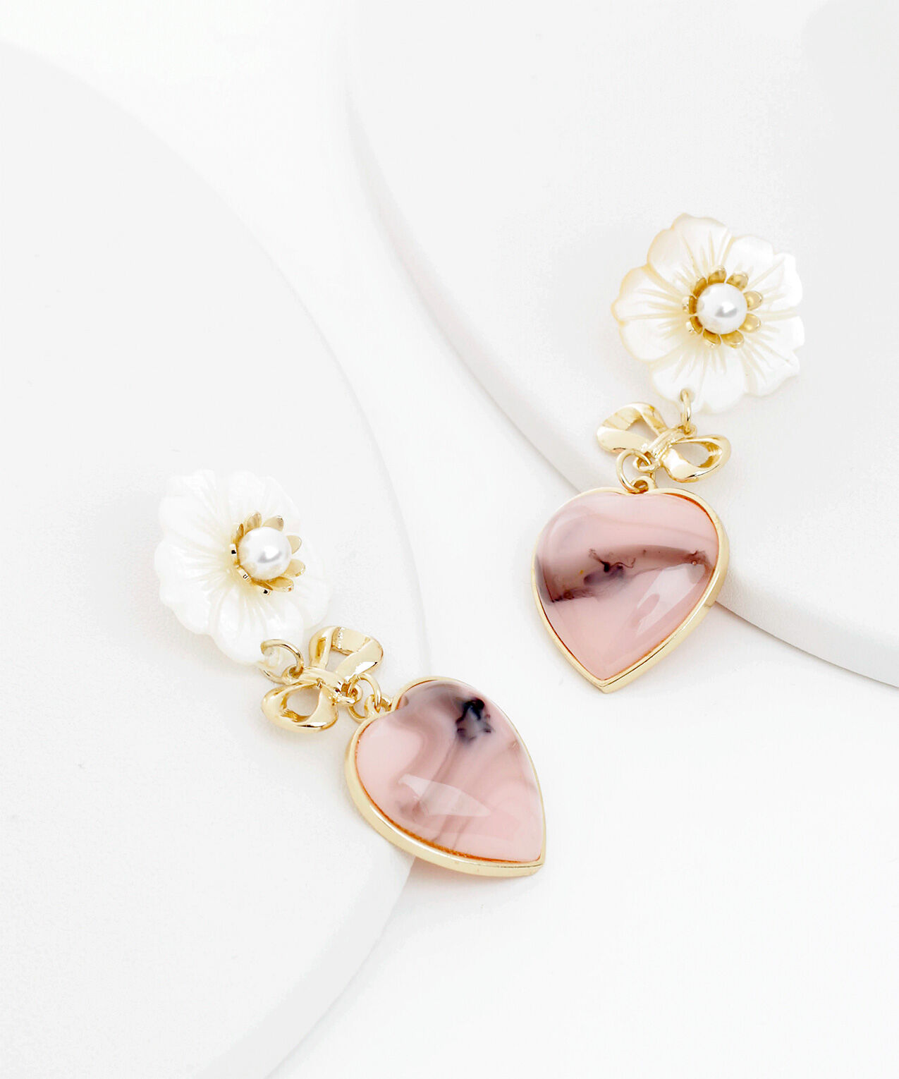 White Flower with Pink Heart Earrings