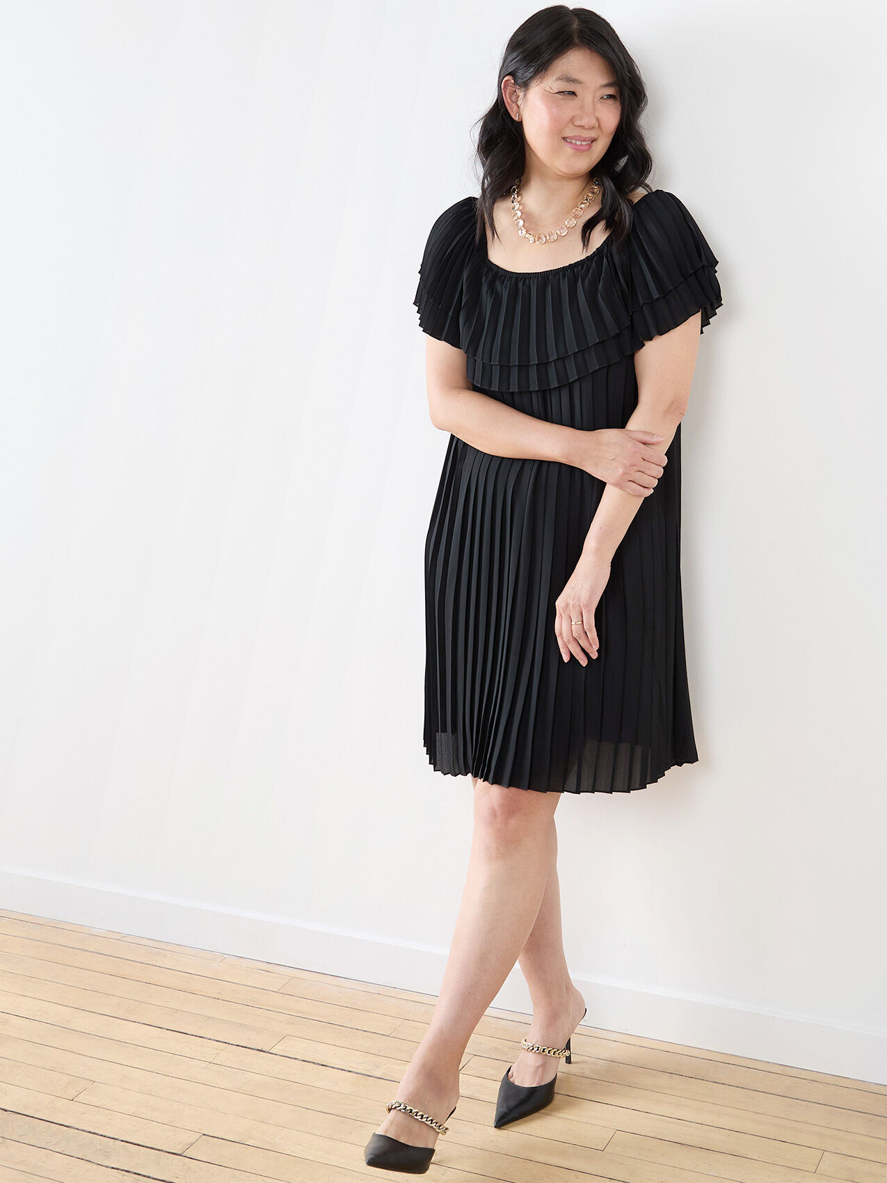 Pleated Cold Shoulder Knee Length Dress Cleo 4000009995