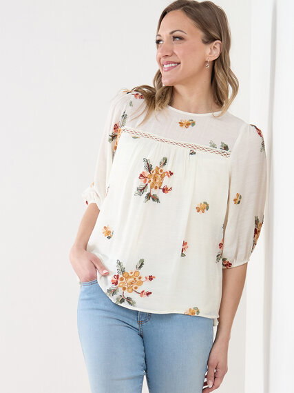 3/4 Sleeve Popover Embroidered Blouse Image 2