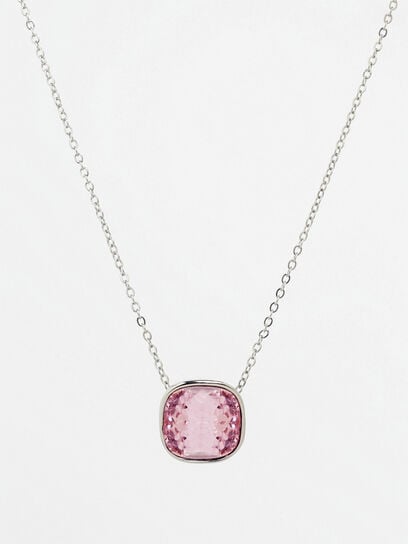 Short Silver Necklace with Genuine Pink Crystal