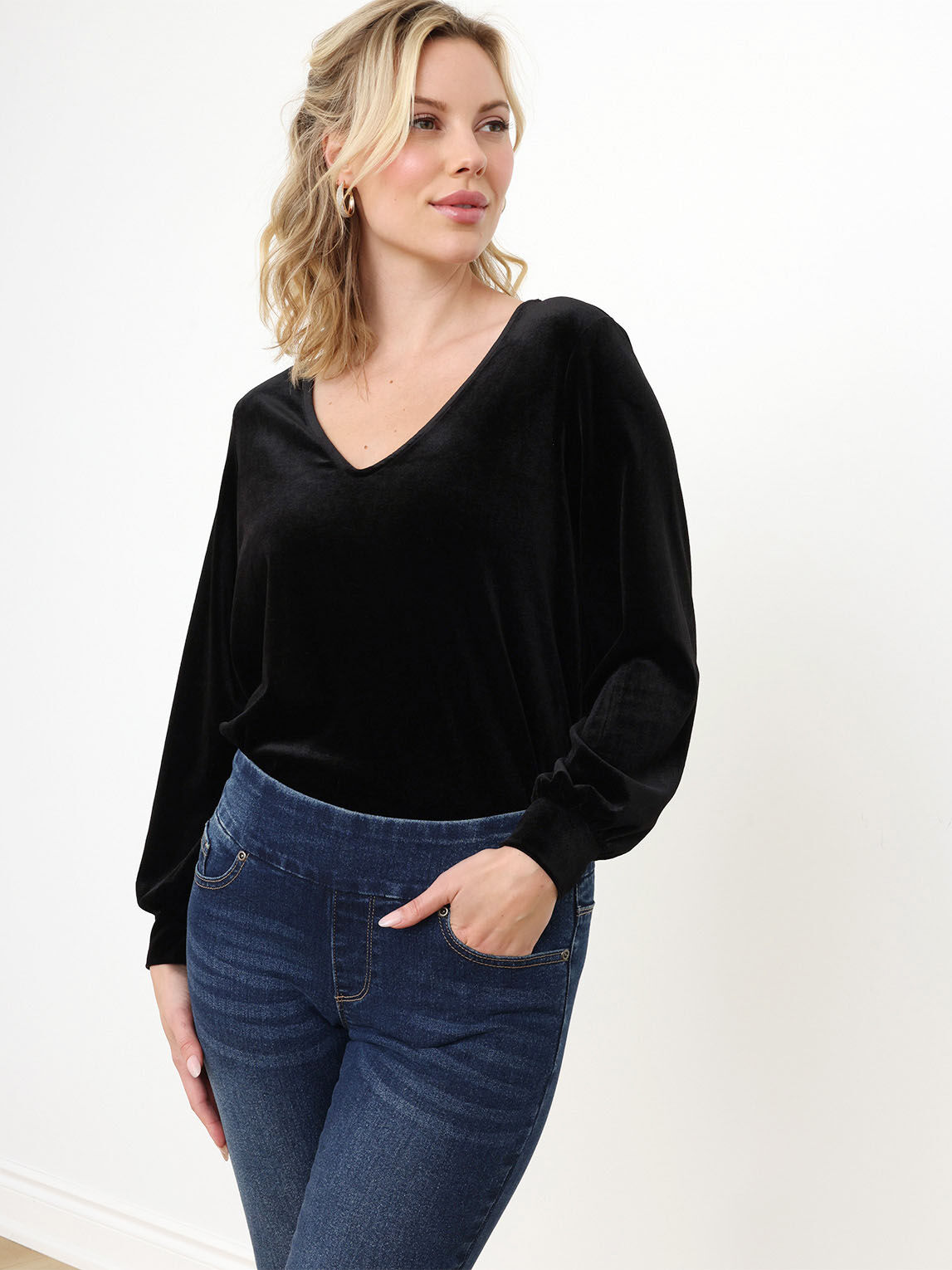 Petite Long Sleeve Velvet V-Neck Top