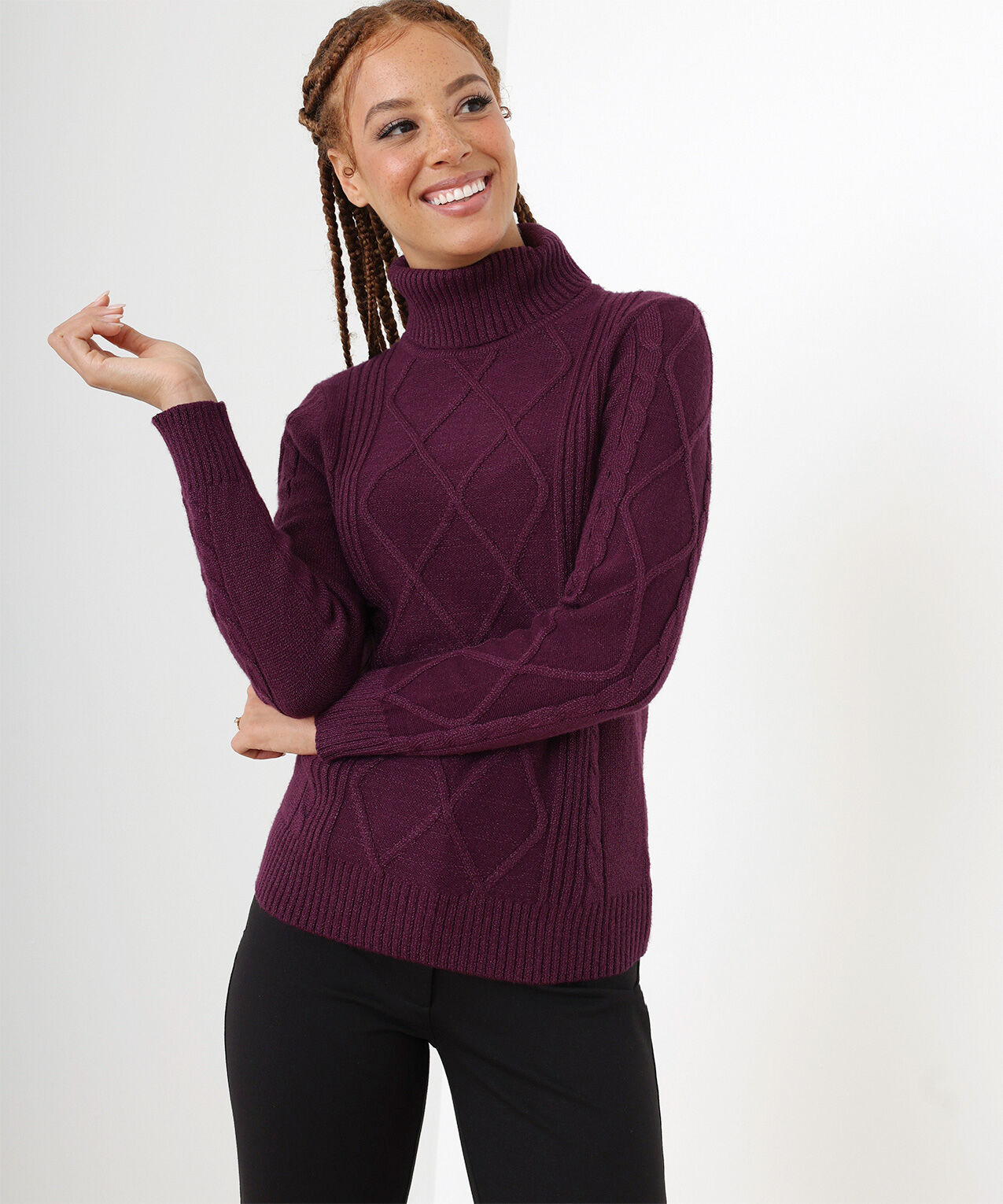 Shimmery Cable Knit Turtleneck Sweater