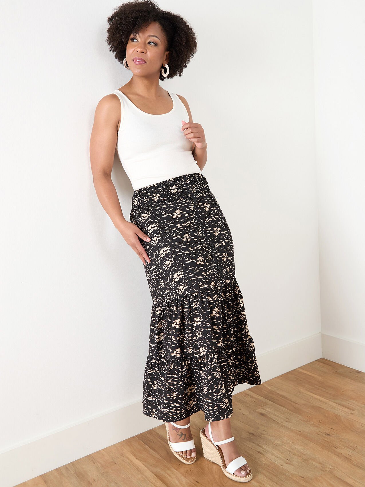Petite gauze button front peasant skirt Cleo Black Pa L