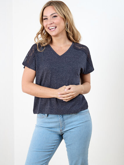 Short Lace Sleeve V-Neck T-Shirt Image 3