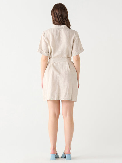Linen Blend Belted Shirt Mini Dress Image 3