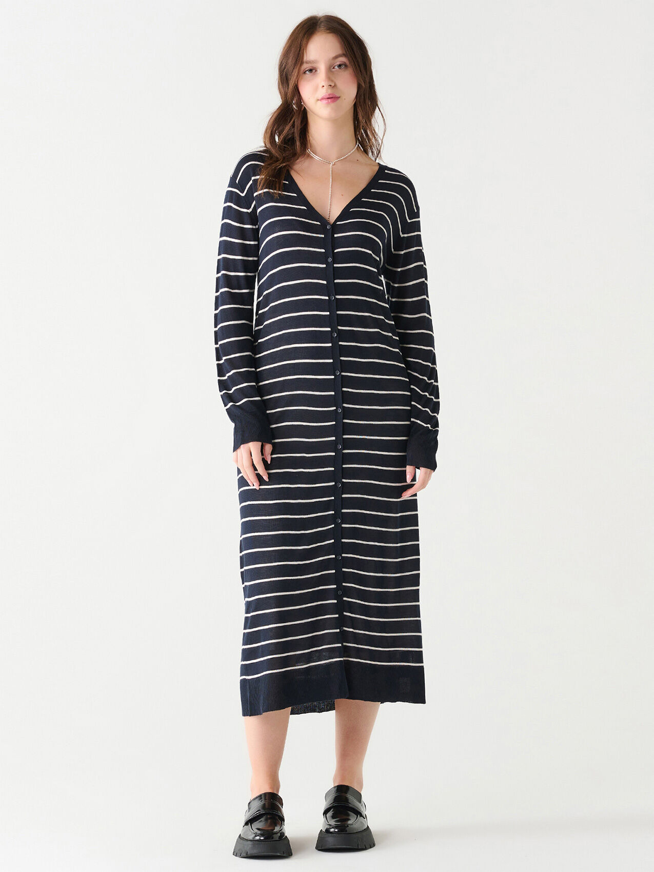 Black Tape Stripe Long Cardigan NVY WHT M