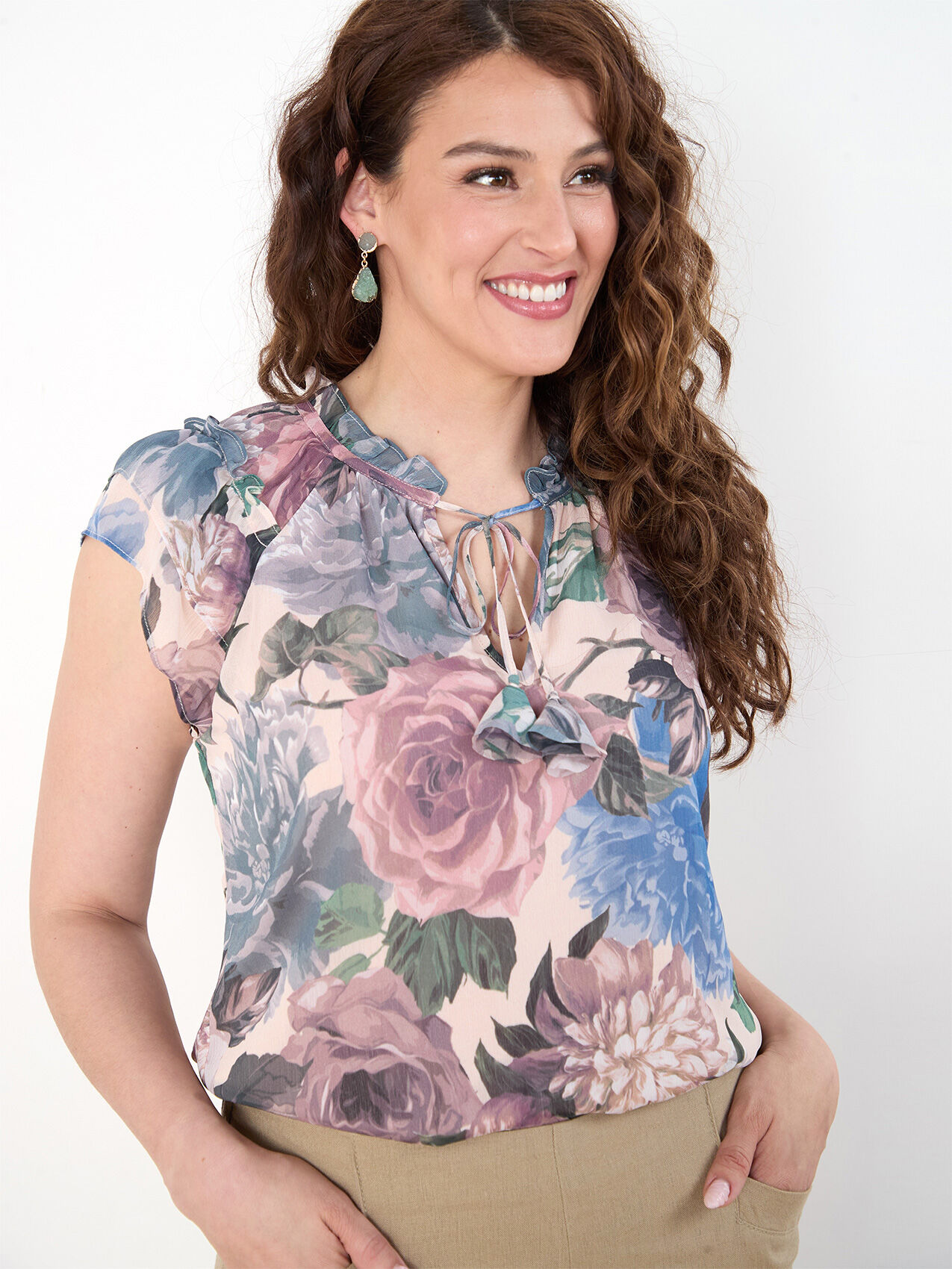 Short Sleeve Double Ruffle V Neck Chiffon Blouse Cleo 4000010918