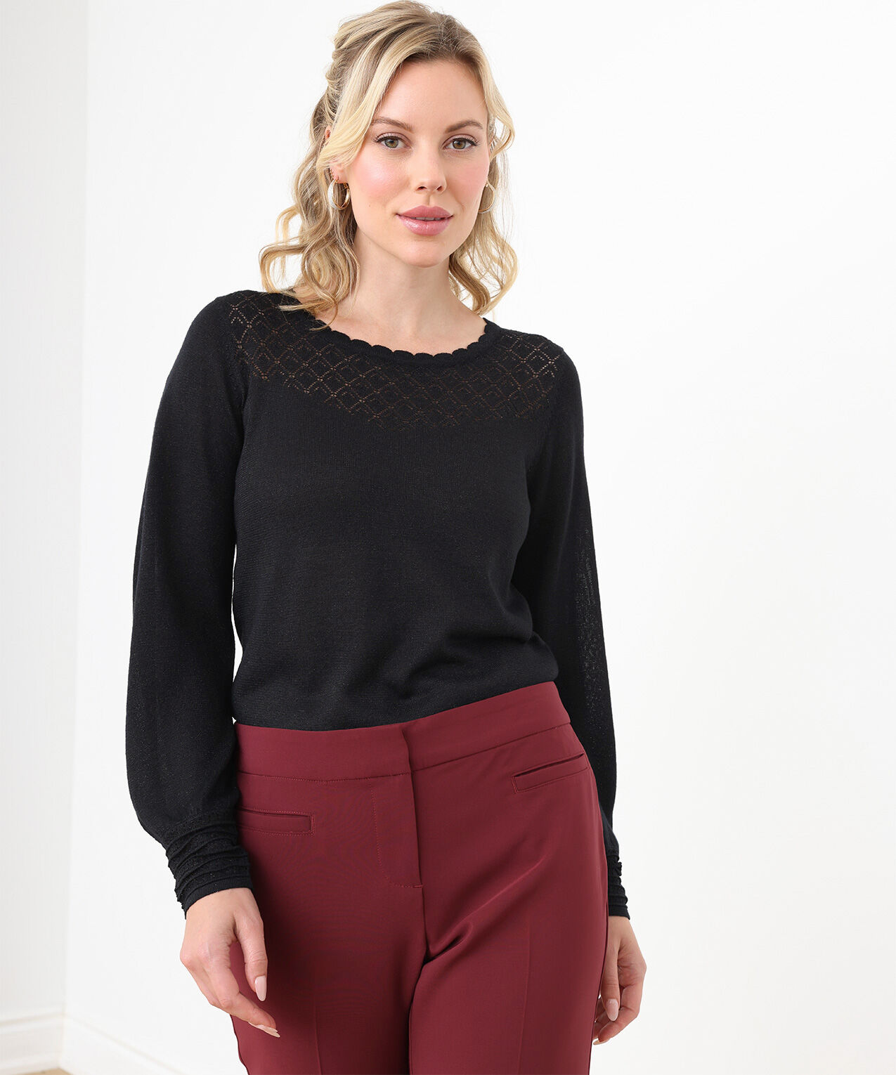 Petite Pointelle Knit Scoop Neck Pullover