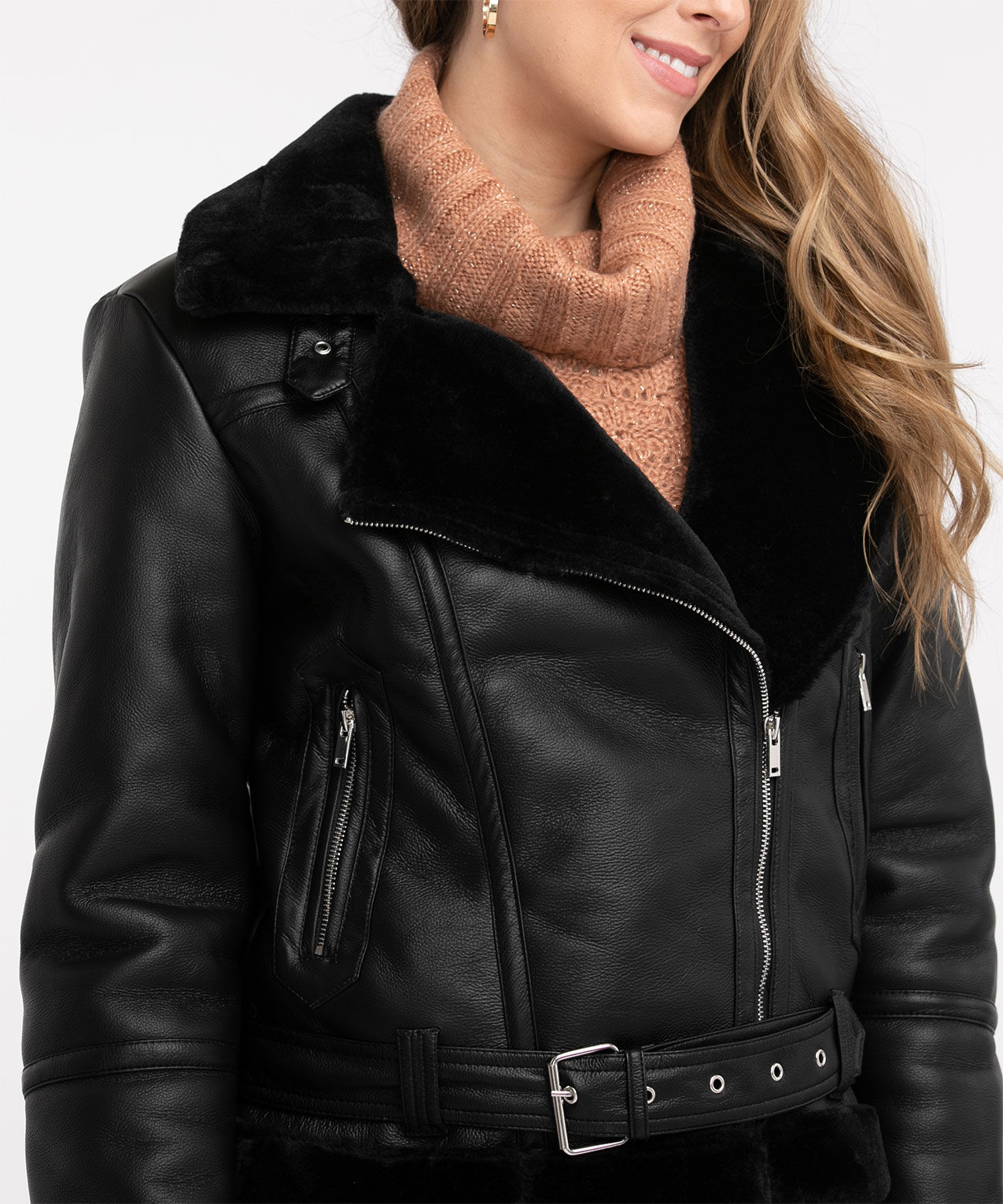 Black leather shearling jacket discount