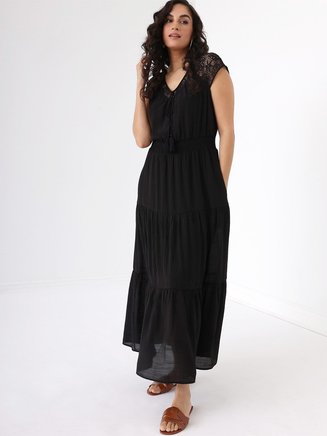 Gauze Short Sleeve Maxi Dress with Lace Trim Cleo 4000009155