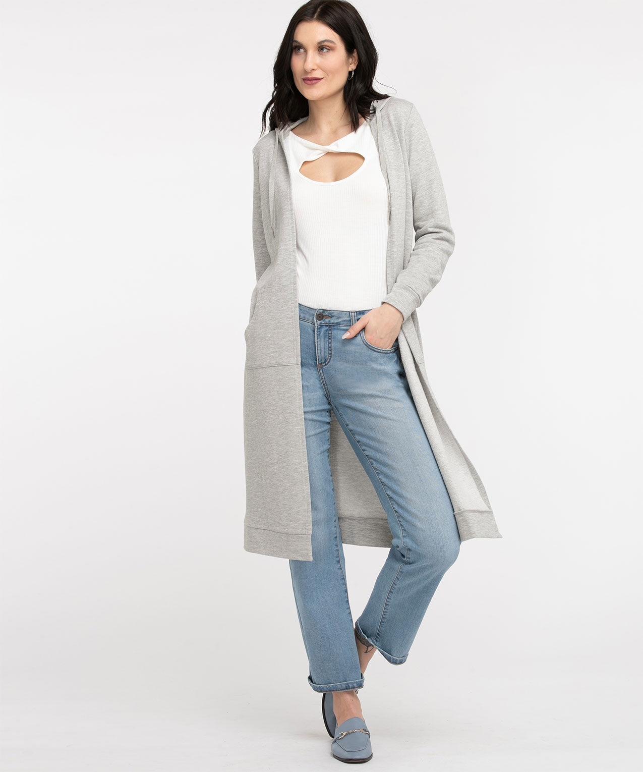 French terry hooded cardigan top
