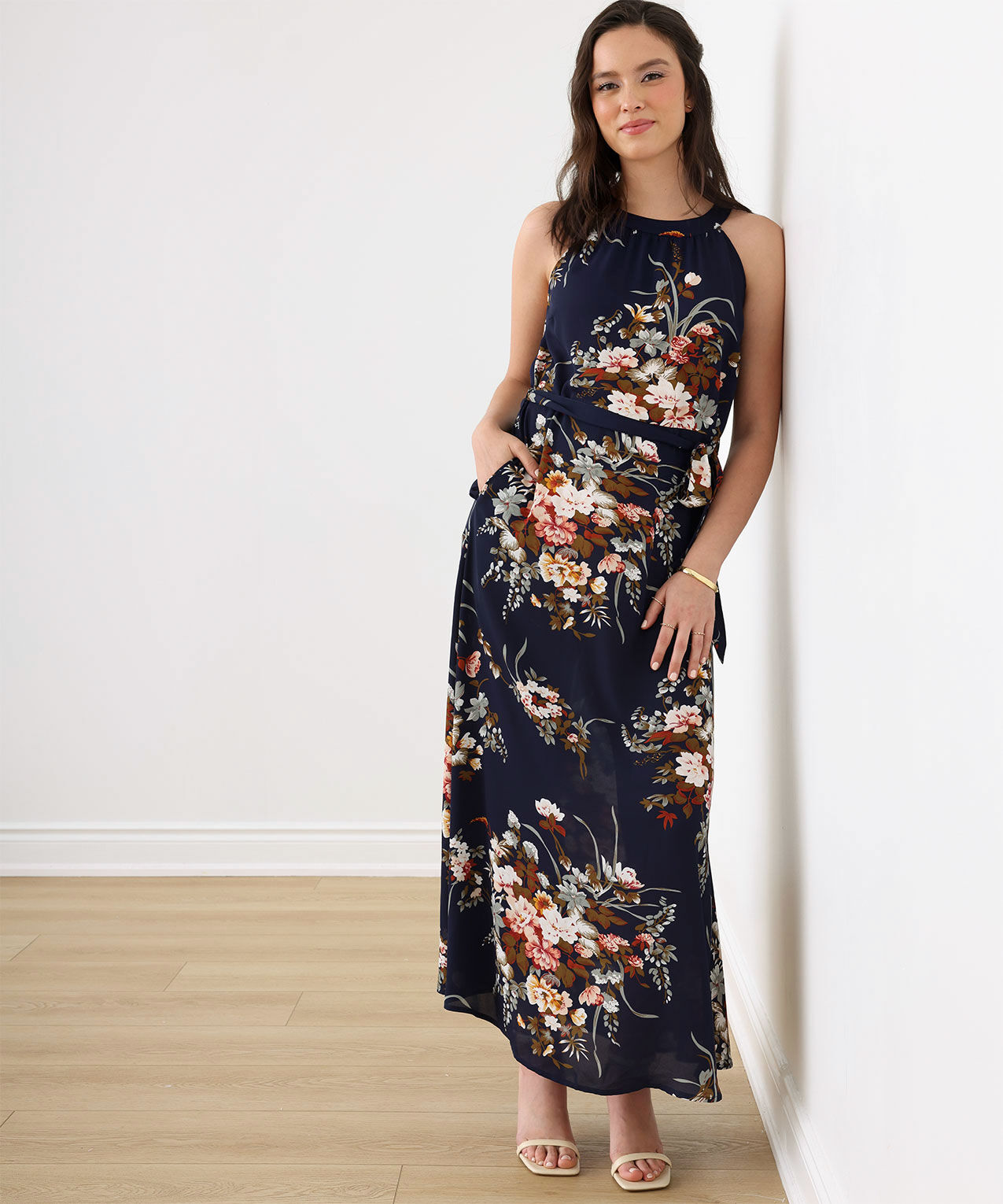 Navy floral halter dress clearance